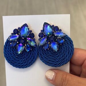 Blue Statement Woven Round Rhinestone Earrings